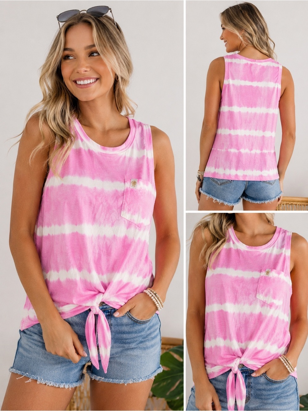 Simply Southern Pink Tie Dye Tank‎ Top Sleeveless Front Tie Pocket Small NWT